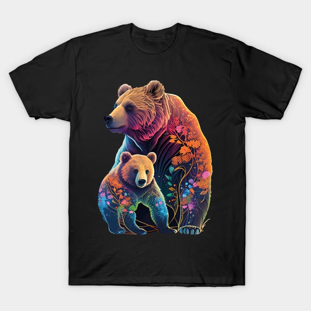 Nature's Love: Mother and Baby Bear with Floral Watercolor Design T-Shirt by ConnectingtoNature